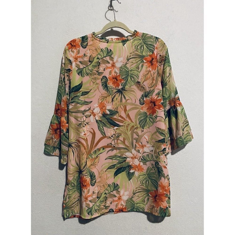 J Jill Top Womens Small Floral Ruffle 3/4 Sleeve Tunic Tassel Tie Neck Boho - Picture 4 of 8